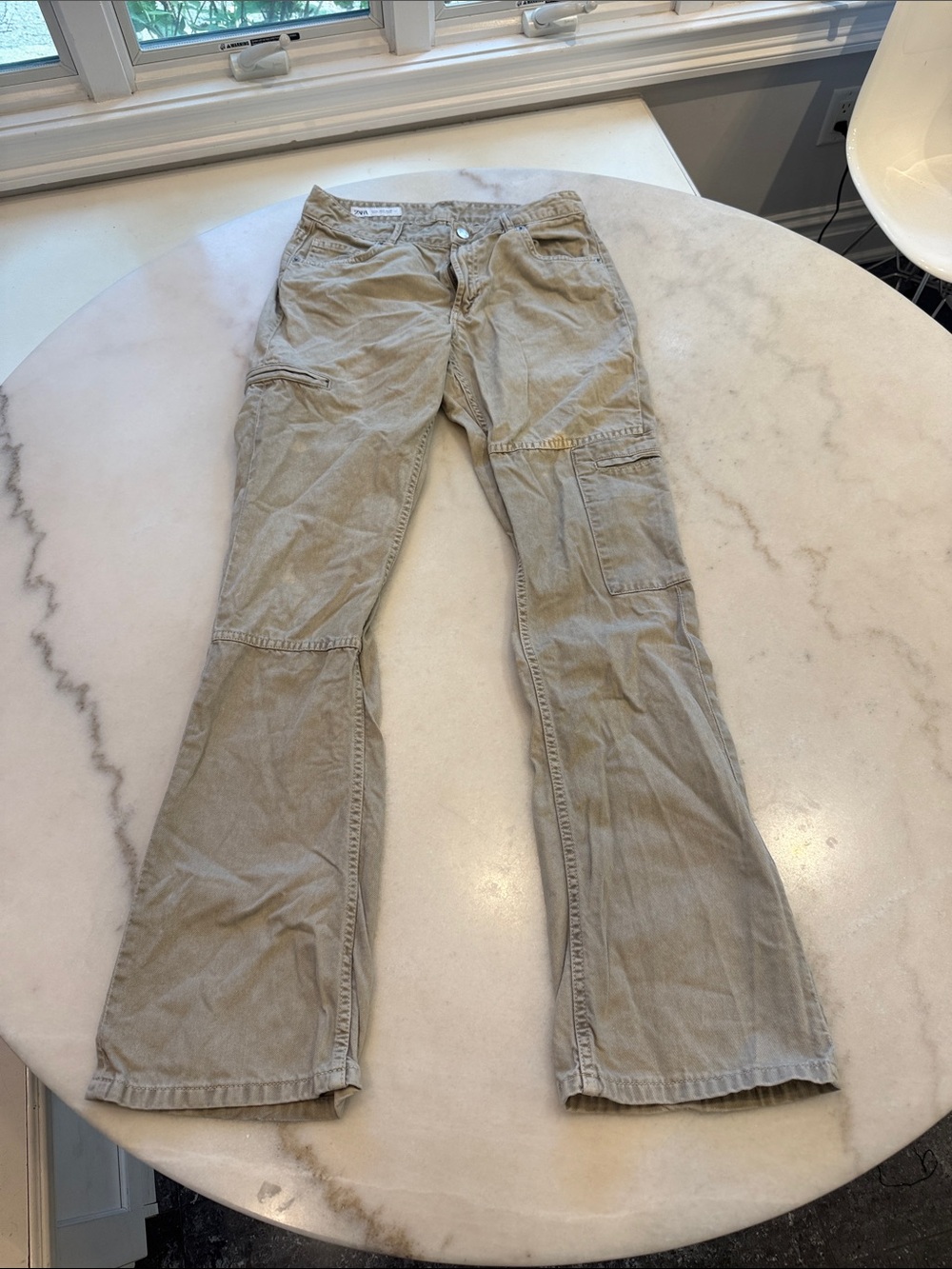 Zara Beige Flared Cargo Jeans - flare Leg Utility Style